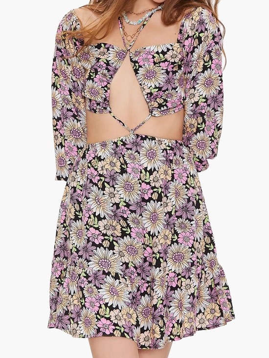 Forever 21 Dresses & Skirts - ✨Forever 21 Black Floral Cutout Mini Dress Strappy Halter Neck Line Size S